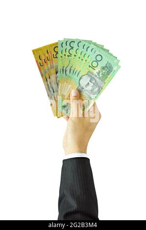 Businessman holding money - Australian dollars (AUD) Stock Photo