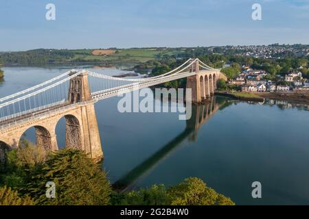 Aerial view of suspension Menai Bridge over Menai Straits, Anglesey, Wales Stock Photo