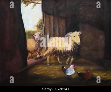 Hand drawn picture of fluffy cute sheep walking hide to the old wooden farm house cote stable, painted with acrylics paints on canvas. Stock Photo