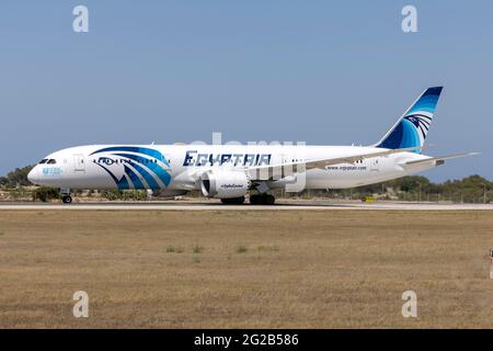 EgyptAir Boeing 787-9 Dreamliner (Reg.: SU-GEU) making a cargo only flight between Malta and Cairo, Eygpt. Stock Photo