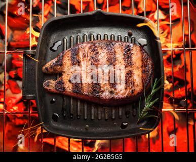 Roasted salmon steak in frying pan on bbq grate over hot pieces of coals. Top view. Stock Photo