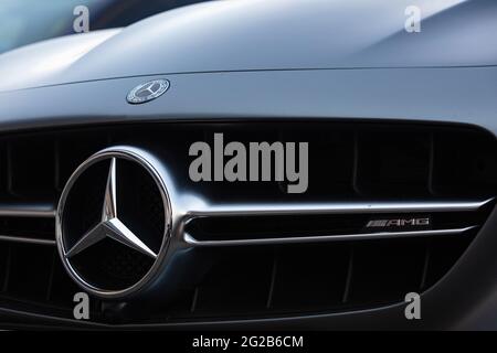 Stuttgart, Germany - June, 2021: Mercedes-Benz sign on black car Stock Photo