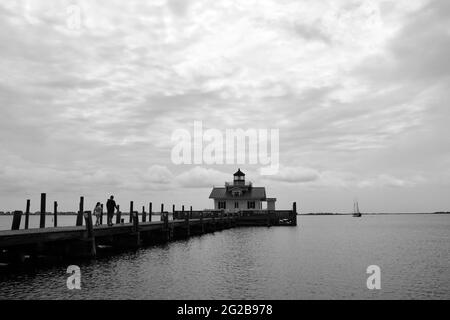 The Roanoke Marshes Lighthouse in Shallowbag Bay at the town of Manteo on the North Carolina Outer Banks. Stock Photo