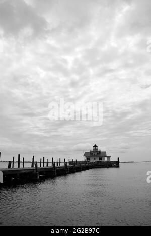 The Roanoke Marshes Lighthouse in Shallowbag Bay at the town of Manteo on the North Carolina Outer Banks. Stock Photo