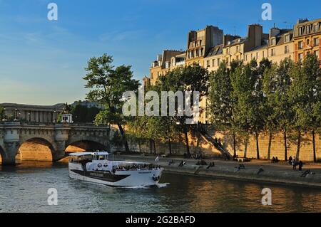 FRANCE, PARIS (75) 1ST ARRONDISSEMENT, THE QUAYS OF THE SEINE RIVER, ILE DE LA CITE AND PONT NEUF, RIVERBOAT Stock Photo