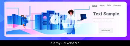 african american man engineer using laptop database server protection big data privacy security concept Stock Vector