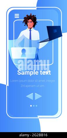 african american man engineer using laptop database server protection big data privacy security concept Stock Vector