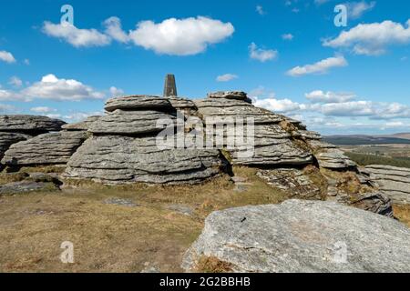 Bellever Tor and trig point on Dartmoor Stock Photo