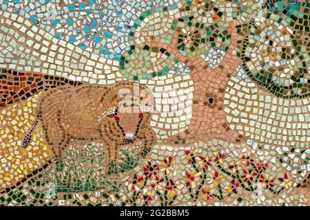Part of mosaic on the exterior wall of Wheddon Cross public toilets, on Exmoor Stock Photo