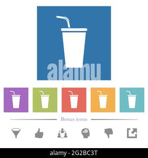 Disposable drinking cup with straw flat white icons in square backgrounds. 6 bonus icons included. Stock Vector