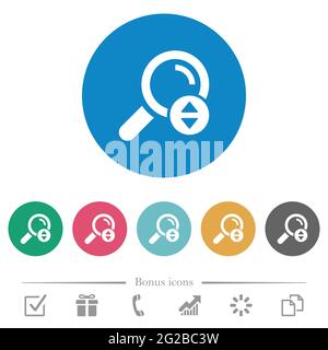 Scrolling search results flat white icons on round color backgrounds. 6 bonus icons included. Stock Vector