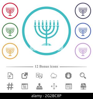 Menorah with burning candles flat color icons in circle shape outlines. 12 bonus icons included. Stock Vector