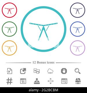 Collapsible clothes dryer rack flat color icons in circle shape outlines. 12 bonus icons included. Stock Vector