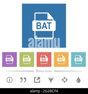 BAT file format flat white icons in square backgrounds. 6 bonus icons included. Stock Vector