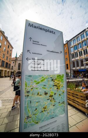 Direction sign at Marien Square in Munich - MUNICH, GERMANY - JUNE 03, 2021 Stock Photo