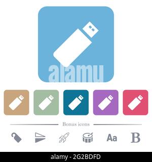 Pendrive white flat icons on color rounded square backgrounds. 6 bonus icons included Stock Vector