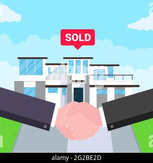 Buying new house on sale. Two hands shaking, big deal agreement flat style vector illustration. New house behind sold for new landlord or houseowner. Stock Vector