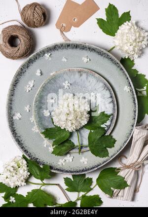 Creative arrangement with blooming white snowball flowers and green plates. Top view. (Viburnum opulus Roseum) Stock Photo