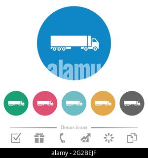 Camion side view flat white icons on round color backgrounds. 6 bonus icons included. Stock Vector