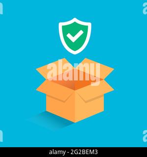3d isometric cardboard opened box isolated on light blue background with check mark tick in the shield sign icon. Symbol of protection, guardingship a Stock Vector