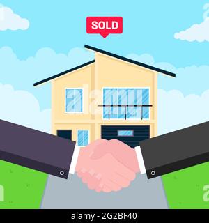 Buying new house on sale. Two hands shaking, big deal agreement flat style vector illustration. New house behind sold for new landlord or houseowner. Stock Vector