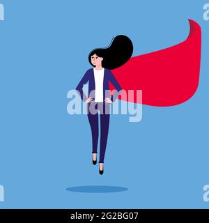 Successful woman, leader, business woman in suit and red cape with LEAD flat style design vector illustration isolated on blue background. Concept of Stock Vector