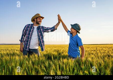 Father and son are standing in their growing wheat field. They are happy because of successful sowing. Stock Photo