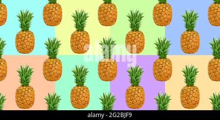 Pineapple, ananas seamless pattern. Tropical fruits on color background. Ripe pineapples backdrop, summer wallpaper design Stock Photo