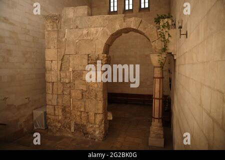 Remains of Judgement Gate through which Jesus Christ went out of the city to be Crucified, the Russian Orthodox Church of Alexander Nevsky compound. Stock Photo