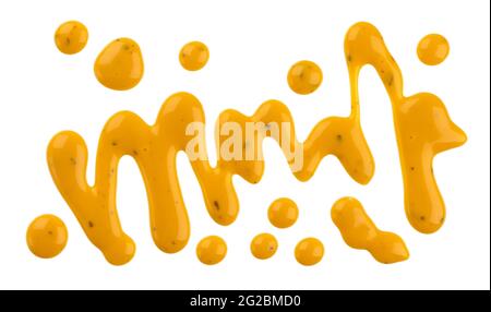 Honey mustard sauce. Splashes and spilled salad dressing isolated on white background with clipping path. Stock Photo