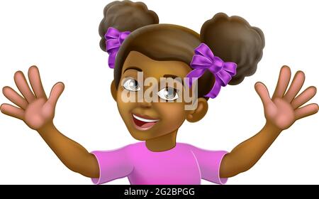 Black Girl Cartoon Child Kid Waving Sign Stock Vector