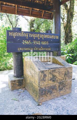 Benchmark of the highest spot in Thailand at Doi Inthanon National Park, Chiang mai, Thailand. 2,565.3341 Meters above mean sea level.(Translation:The