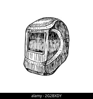 Welding Helmet, gravure style ink drawing illustration isolated on white Stock Photo