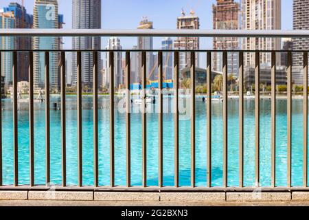 Dubai, UAE - March , 2020: The area of singing fountains near Dubai Mall Stock Photo