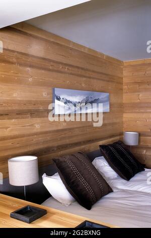 FRANCE. SAVOIE (73) THE TROIS VALLEES SKIING AREA. LES MENUIRES SKI RESORT (BELLEVILLES VALLEY). HOTEL CHALET KAYA Stock Photo