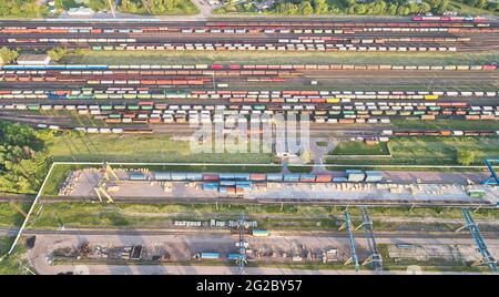 Railroad terminal above top view on bright sunny day Stock Photo