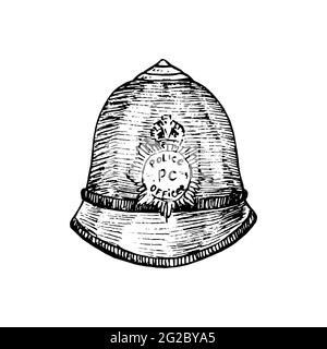 The custodian helmet (British Bobby police hat),  gravure style ink drawing illustration isolated on white Stock Photo