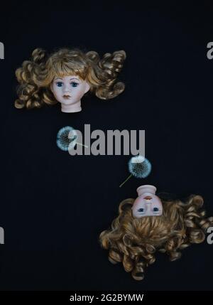 Directly above two porcelain dolls heads with curly hair and two dandelion seed heads on black background. Concept of pair, identical, two of a kind Stock Photo