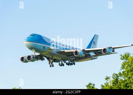 US President Joe Biden arriving at RAF Mildenhall, Suffolk, UK, in Air Force One USAF Boeing VC-25A jet plane. Presidential airplane flying approach Stock Photo