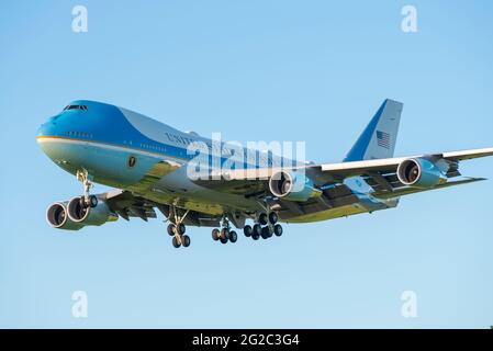 US President Joe Biden arriving at RAF Mildenhall, Suffolk, UK, in Air Force One USAF Boeing VC-25A jet plane. Presidential airplane flying approach Stock Photo