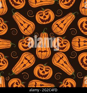 Seamless pattern on a dark background on the holiday - Halloween. Pumpkins, a Ghost, a bat. Vector illustration Stock Vector