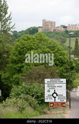 Road sign in Bolsover with Bolsover Castle in the background, Derbyshire, England. Stock Photo