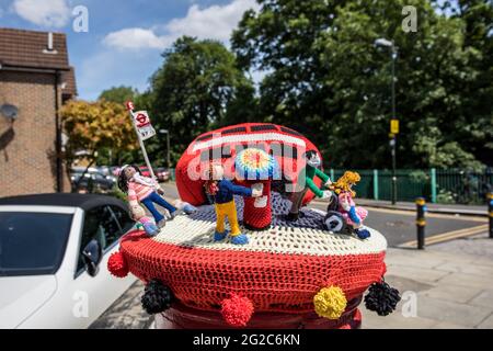 Yarn bombing on post boxes in Colliers Wood South London. Stock Photo
