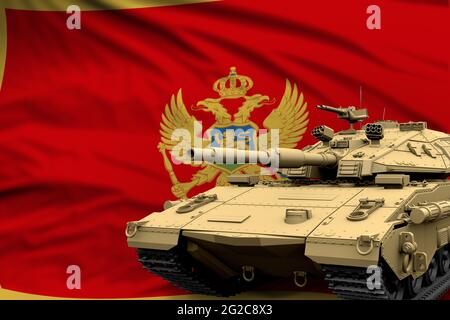 Heavy tank with fictional design on Montenegro flag background - modern tank army forces concept, military 3D Illustration Stock Photo