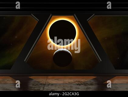 Space Station - view on Star Eclipse and alien Planet out of a Space Station - 3D Rendering Stock Photo