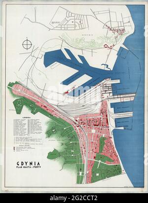 Gdynia Map, Gdynia Plan, Map of Gdynia, Old Gdynia Map, Retro Gdynia Map, Vintage Gdynia Map, Gdynia Poster, Poland Map, Map of Poland, Old Poland Stock Photo