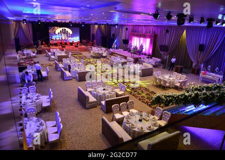 Moroccan Table setting at a luxury wedding reception Stock Photo