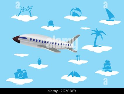 Vector illustration of a flying airplane and summer holiday vacation icons floating on clouds isolated on blue background. Stock Vector
