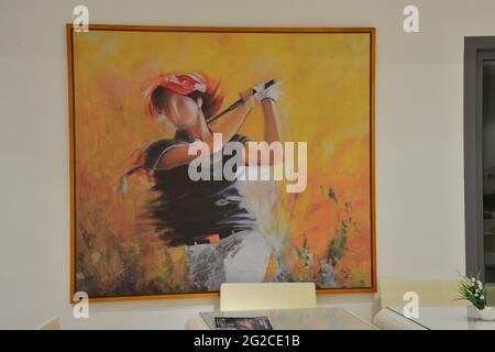 Abstract golf player from splash of watercolors.  paints. Stock Photo