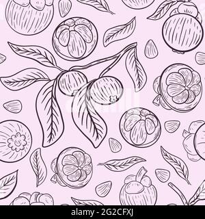 Mangosteen seamless pattern, vector. Repeating background with exotic tropical fruits. Mangosteen sketch, hand drawing. Stock Vector